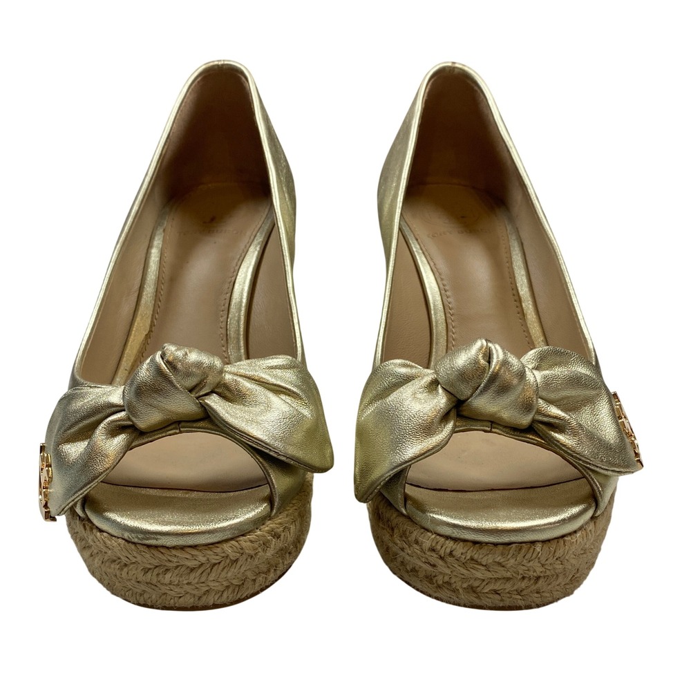 Tory Burch Gold Metallic Bow Peep Toe Wedge Espadrille Heels Women's 5 - Picture 4 of 11